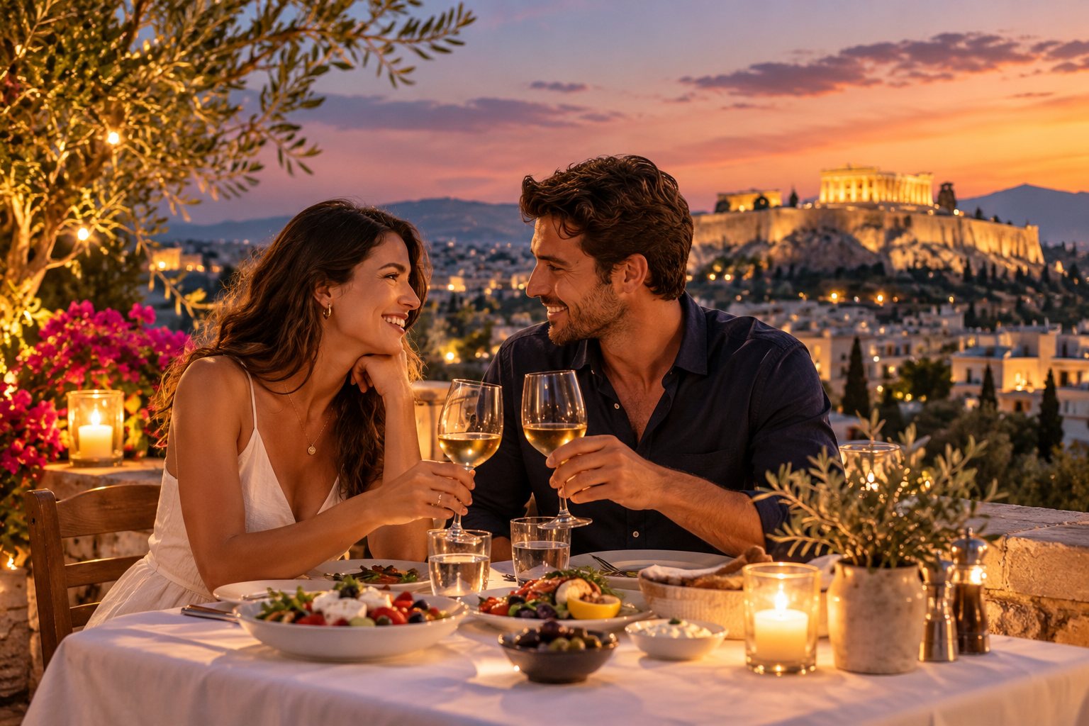 A couple raising their glasses at a rooftop dinner in Athens at sunset, with the lit Acropolis behind them